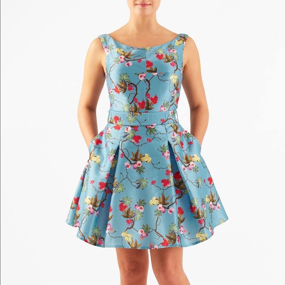 eShakti Blue Floral Print Dupioni Dress